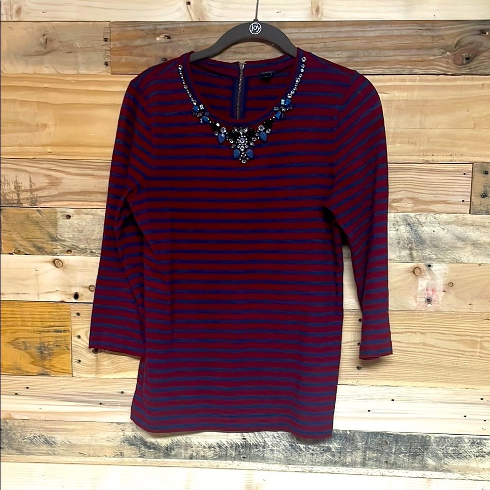 J. Crew size Small Red and Blue Striped Jeweled Crew Neckline Long Sleeve Blouse